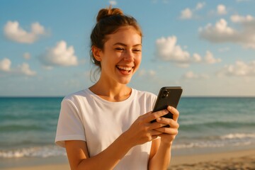 Cheerful tourist is using mobile phone and having fun on the beach