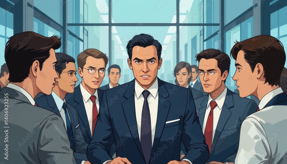 Poster Group of men dressed in suits engaging in conversation in a professional setting indicating collaboration and discussion