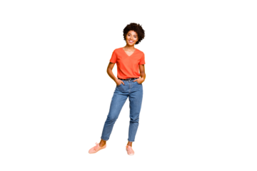 Full length body size photo of cool swag good black millennial girl posing in front of camera showing her coolness wearing jeans denim sneakers isolated over vibrant color background