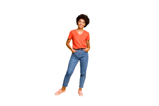 Full length body size photo of cool swag good black millennial girl posing in front of camera showing her coolness wearing jeans denim sneakers isolated over vibrant color background