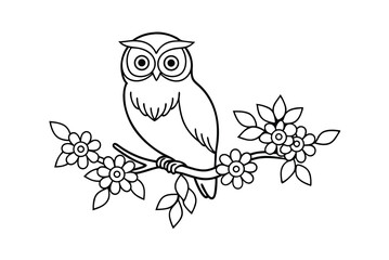 Cute Outline Owl Perched On Blooming Flower Branch Vector Illustration