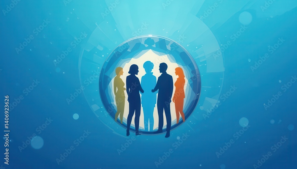 Poster Group of individuals standing in a circle engaged in a meaningful conversation in a bright outdoor environment