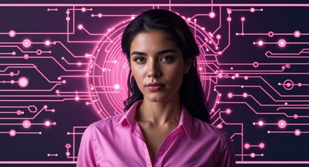 Hispanic woman on pink theme glowing tech circuit background design template banner with copy space