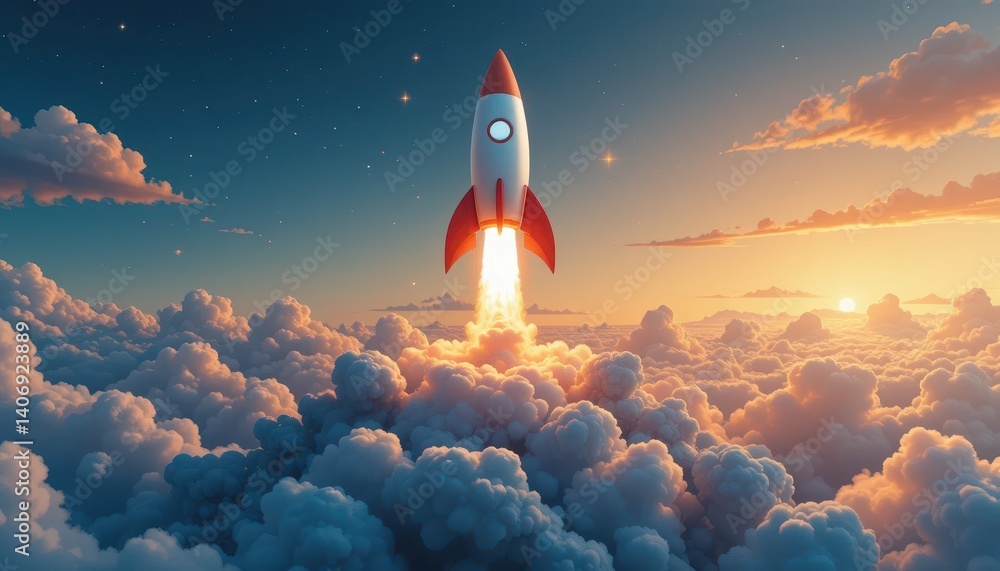 Poster rocket soaring through fluffy white clouds against a clear blue sky signifying human progress and di
