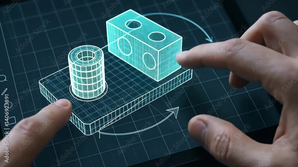 Poster innovative engineering process digital design on tablet showcasing 3d technology and interactive ele