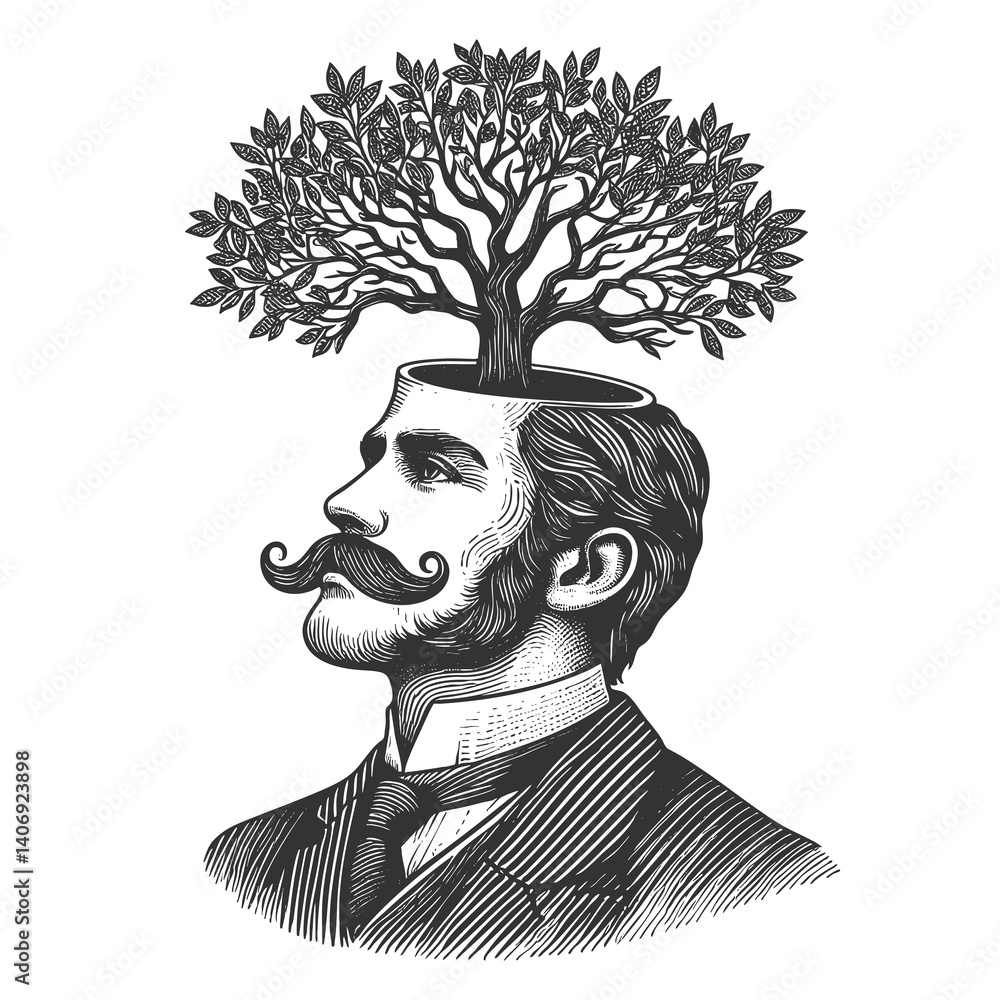 Poster man in a suit with a tree growing from his open head, symbolizing knowledge and growth sketch engrav