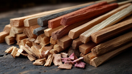 A pile of wooden sticks with different colors and sizes