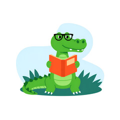 Obraz premium Cartoon alligator reading a book with glasses in a grassy area illustration