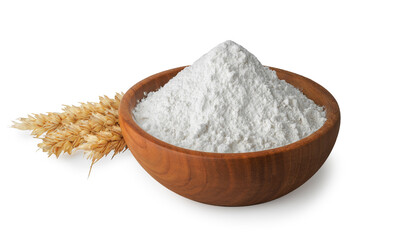 flour in wooden bowl and ears of wheat near isolated on white background