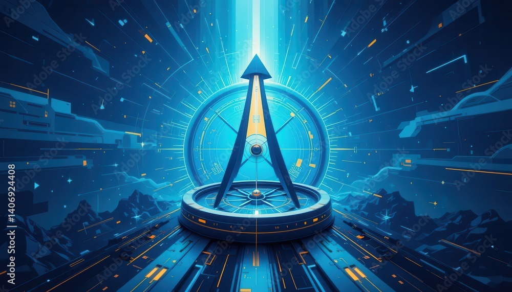 Poster a detailed view of a compass inside a sleek and modern space station with futuristic design elements