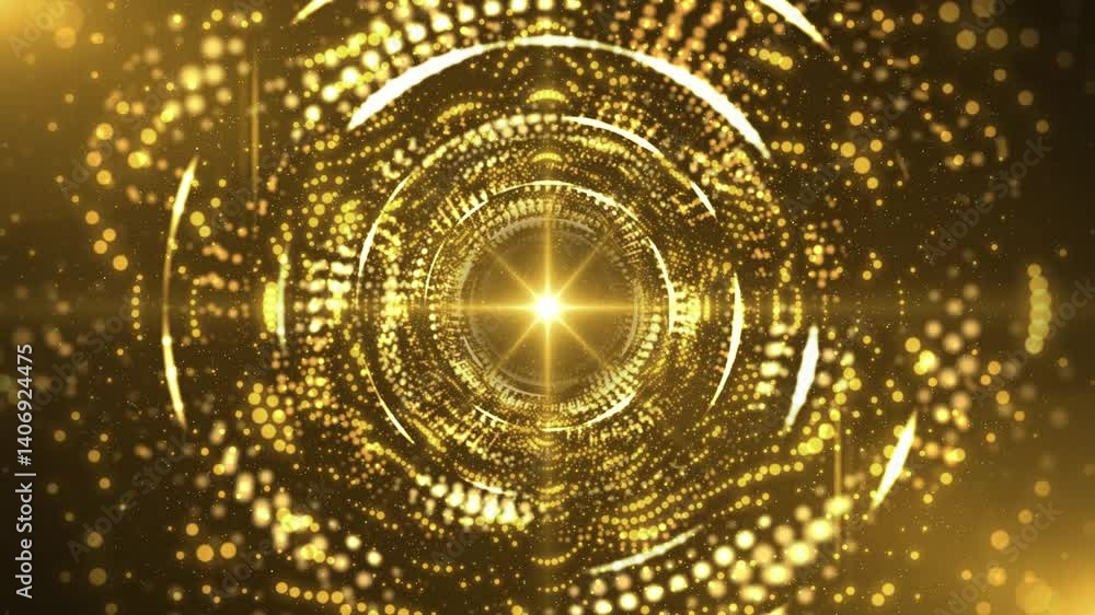 Poster golden light particle tunnel with starburst energy core and spiral motion animation