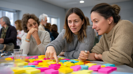 Participants engage in an energetic brainstorming session, pointing at colorful sticky notes laid out on a table, fostering collaboration and idea generation in an inspiring atmosphere