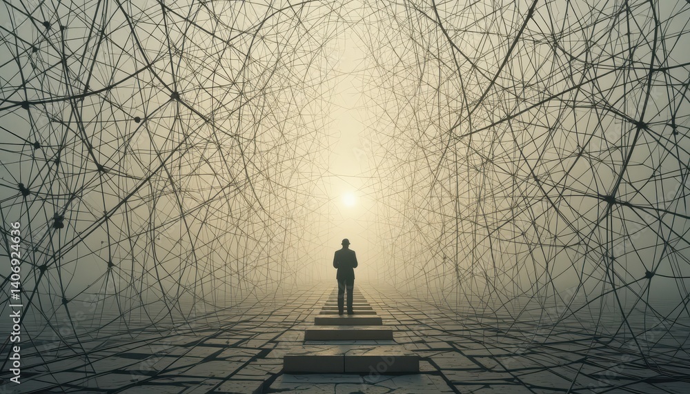 Poster Man standing in front of a complex maze symbolizing life's challenges and pathways to success and discovery
