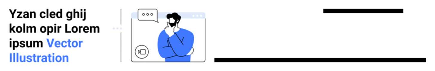 Man in blue shirt thinking with hand on chin near a chat window featuring three dots. Ideal for communication, decision-making, introspection, problem-solving, learning, user experience, simple