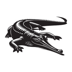 Majestic Gharial silhouette, a symbol of riverside power – Gharial illustration – Gharial vector – Reptile silhouette

