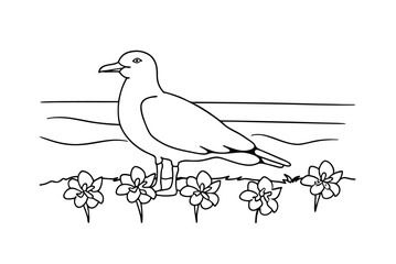Obraz premium Black And White Vector Line Art Of Seagull And Flowers Nature Illustration