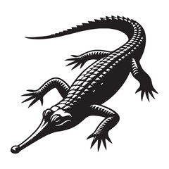 Elegant Gharial silhouette, swiftly moving through the water – Gharial illustration – Gharial vector – Reptile silhouette

