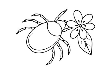 Black And White Outline Drawing Of Beetle With Flower Vector Illustration