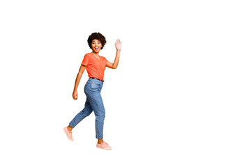 Copyspace photo of charming cheerful cute attractive gorgeous girlfriend waving on you walking past you while isolated over yellow vivid color background