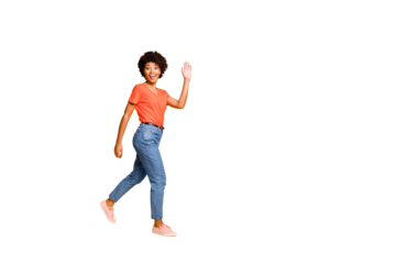 Copyspace photo of charming cheerful cute attractive gorgeous girlfriend waving on you walking past you while isolated over yellow vivid color background