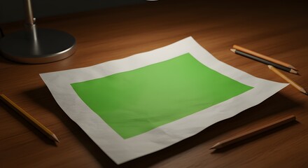 Creative workspace mockup with green screen paper and wooden desk ambience