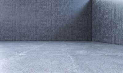 Modern industrial interior featuring empty concrete room with polished floor and rough walls
