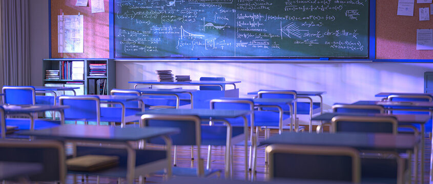 Empty classroom with math equations on chalkboard and desks ready for students