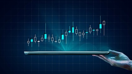 Graph growth and increase of chart positive indicators in business - tablet in the hand - 3D Illustration
