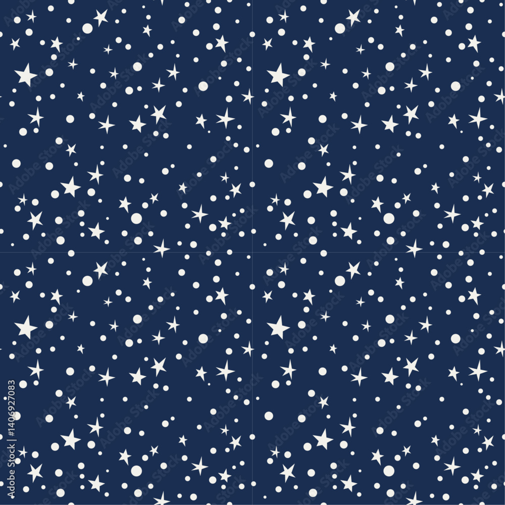 Poster The image features a seamless pattern of white stars and circles scattered across a deep blue background. The stars are of varying sizes and have a simple, five-pointed design.