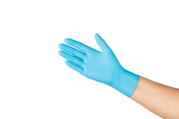 Medical nitrile gloves isolated on white background. Surgical latex gloves. Rubber gloves production. Doctor or nurse putting on protective gloves. Medicine concept. Sterility, protection.