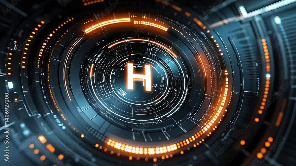 Poster abstract digital interface with circular design and glowing orange elements