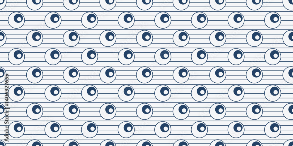 Fototapete Each circle contains a smaller, off-center blue circle within it. The circles are arranged in horizontal rows, with thin blue lines running parallel to the rows.