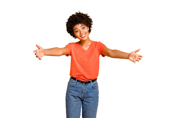 Photo of cheerful charming trendy cute black lady inviting you to hug with her wearing jeans denim...