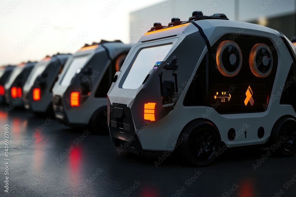 Poster futuristic delivery robots lined up at dusk in an urban setting ready for dispatch