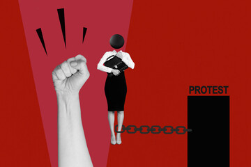 Collage trend artwork composite sketch poster of chain hold young woman stand no head big fit up...