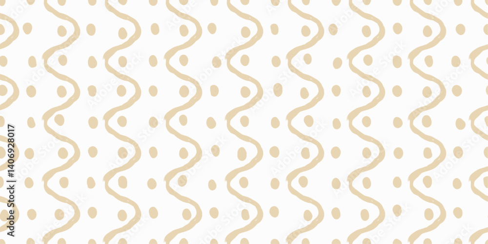 Fototapete The image features a seamless pattern of beige wavy lines and circles on a white background. The wavy lines are arranged in vertical rows, with each line forming a gentle, undulating curve.