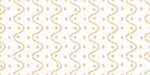 The image features a seamless pattern of beige wavy lines and circles on a white background. The wavy lines are arranged in vertical rows, with each line forming a gentle, undulating curve.