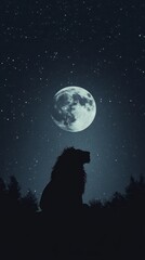 Naklejka premium A majestic lion silhouette gazes at the moonlit night sky.