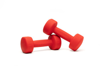 Stylish Composition of Red Neoprene Dumbbells with Soft Shadow on Clean White Background
