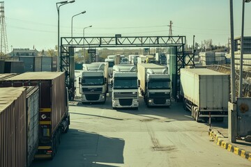 Naklejka premium A truck fleet lines up outside a border customs area. Drivers hand documents to inspectors while engines idle. The mood is routine and slow