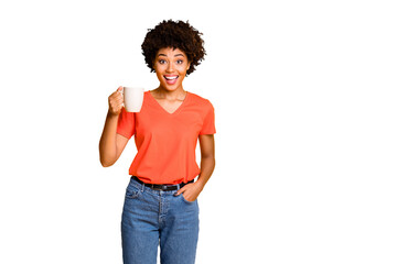 Photo of charming cute cheerful nice attractive girlfriend wearing orange t-shirt denim jeans...