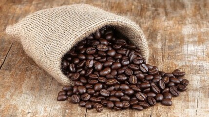 Coffee beans spilling from a burlap sack on a wooden surface with soft shadows