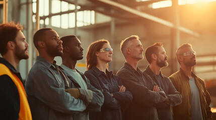 Fototapeta premium Group of factory workers standing together looking towards the future