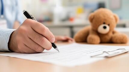 Parent Completing Nursery Registration Form with Focused Handwriting, A Teddy Bear Nearby Enhances the Warmth of the Moment