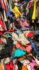 Fototapeta premium A large pile of used clothing, various colors and patterns.