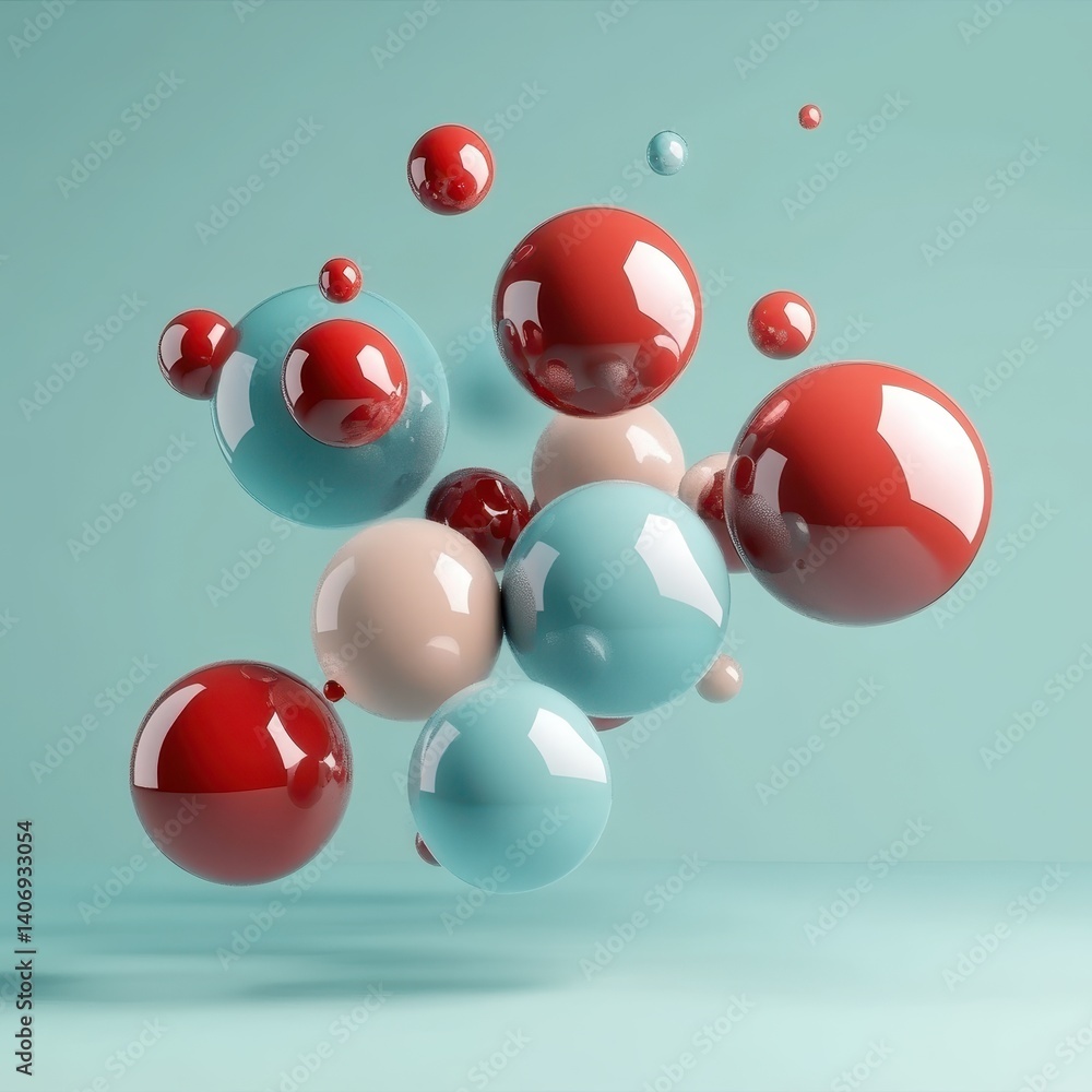 Poster colorful floating spheres on a soft blue background displaying depth