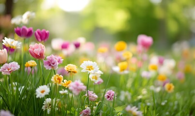Fototapeta premium soft flower garden in full bloom, variety of colorful flowers including daisies, Generative AI
