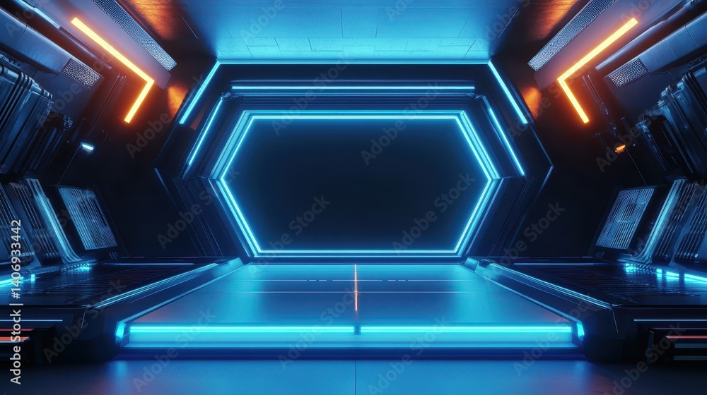 Poster futuristic neon hexagonal space with glow in dark environment