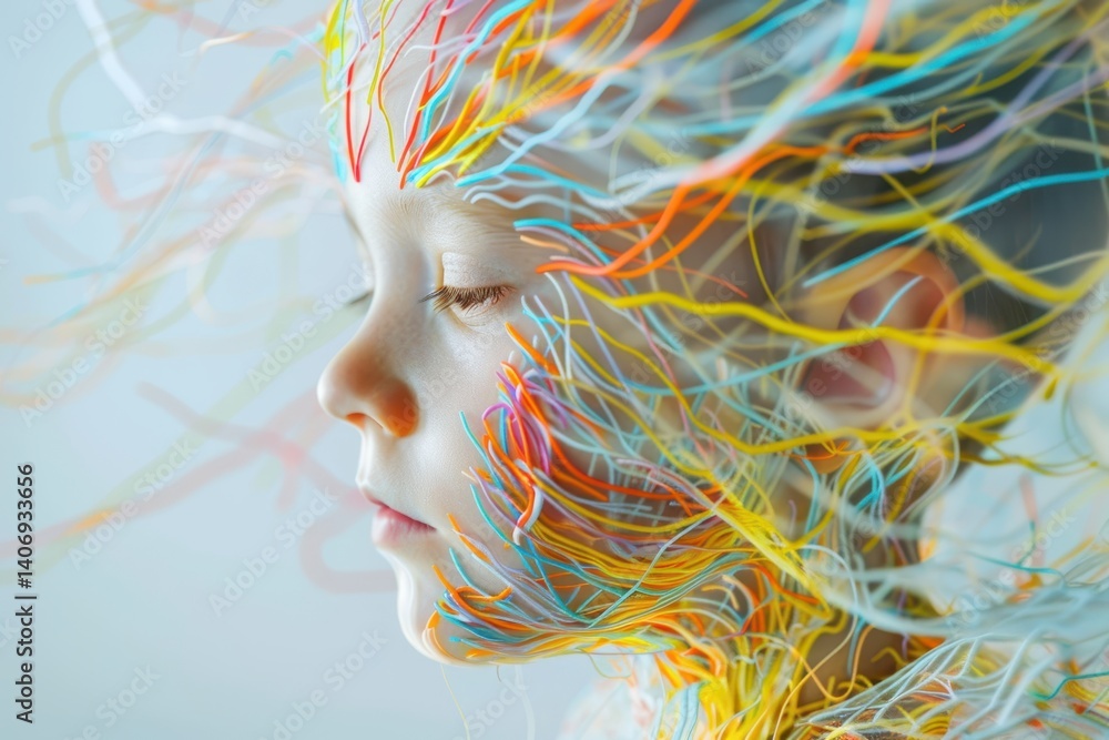 Poster child portrait with colorful lines creating abstract art effect