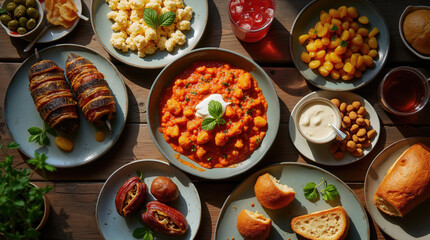 A selection of vibrant traditional dishes is laid out on a rustic wooden table. Colors and textures showcase flavorful food enjoyed in a cozy and inviting atmosphere
